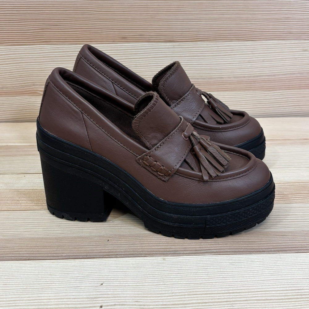 Converse Chuck 70 De Luxe Heel Loafer Platform A14715C Brown Leather Woman Sz 8